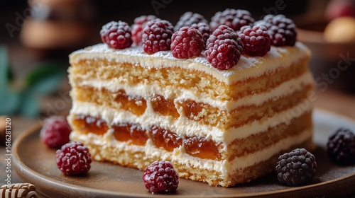 Indulgent Dessert Slice Featuring Layers of Sponge, Cream, and Honey Topping ...