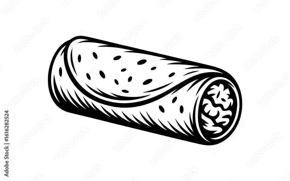 Stylized Black and White Illustration of a Burrito Featuring a Uniform Pattern of Dark Spots and Detailed Interior Filling Stylized Black and White Illustration of a Burrito Featuring a Uniform Pattern of Dark Spots and Detailed Interior Filling