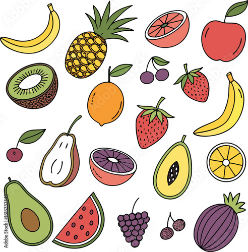 Vibrant hand drawn assortment of fresh fruits and berries on a dark background celebrating healthy eating and natural flavors
