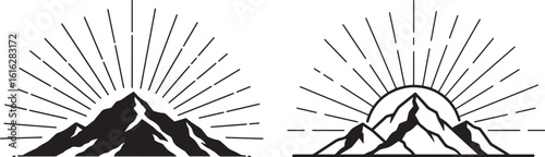 Two stylized mountain peaks with radiant sunburst silhouette