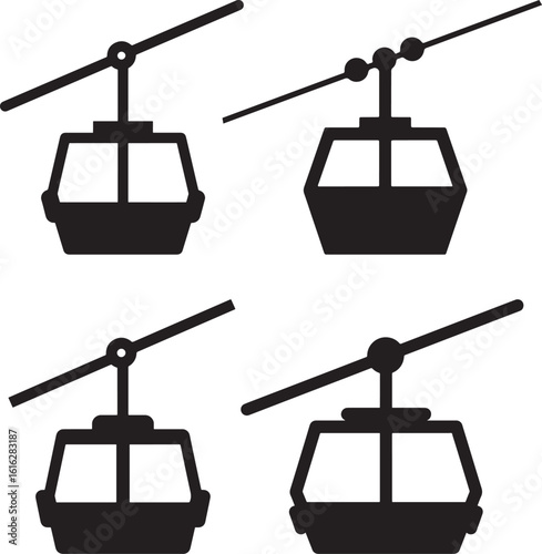 Four cable car cabins suspended on ski lift cables silhouette