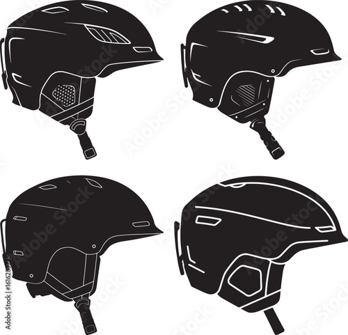 Four black ski helmet silhouettes on white background