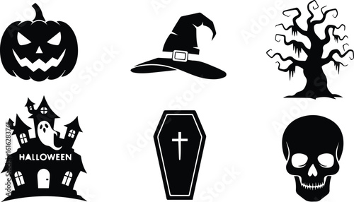  halloween icons including a jackolantern, witch hat, spooky tree, haunted house, coffin, and skull, isolated on white background