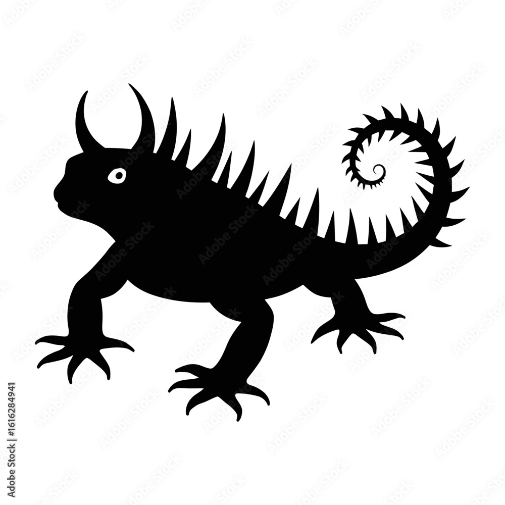 Fototapeta premium Silhouette illustration of a spiky lizard with horns and a coiled tail on a white background