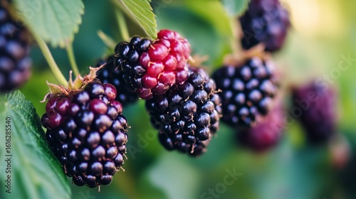 Fresh Blackberries on a Rustic Wooden Surface With Green Leaves in Natural Li...