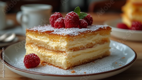 Fresh Dessert With Raspberries on a Wooden Table at a Cozy Cafe During Aftern...