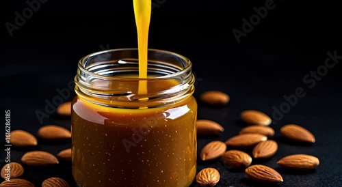Caramel pouring into a glass jar, surrounded by almonds