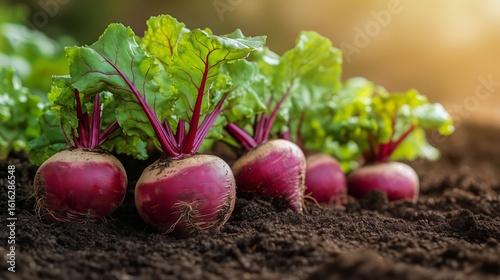 Freshly Harvested Beets Growing in Enriched Garden Soil Under Bright Sunlight.