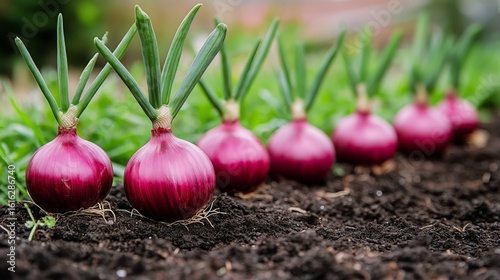 Red Onions Growing in a Garden During the Day With Green Tops Visible