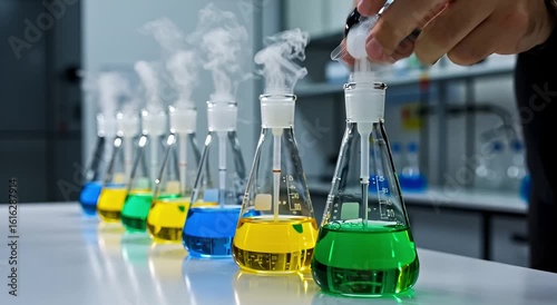 Colorful Liquids in Flasks in a Laboratory Setting