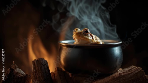 Surreal Frog in Boiling Pot Representing Boiling Frog Theory