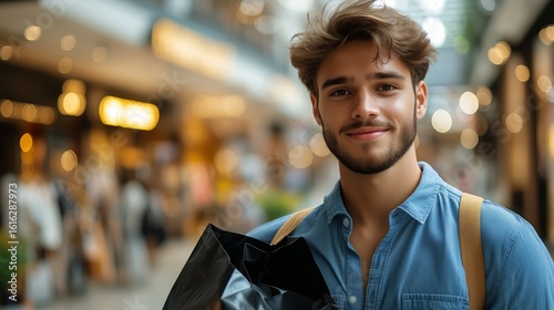 Young Man Smiles While Holding Shopping Bags in a Modern Store Environment Du...