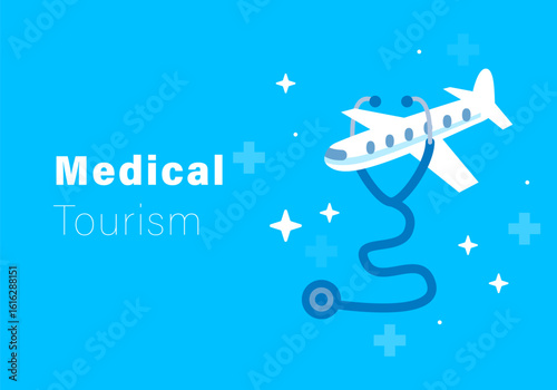 Medical tourism. Traveling and Treatment. Airplane and stethoscope with medical elements