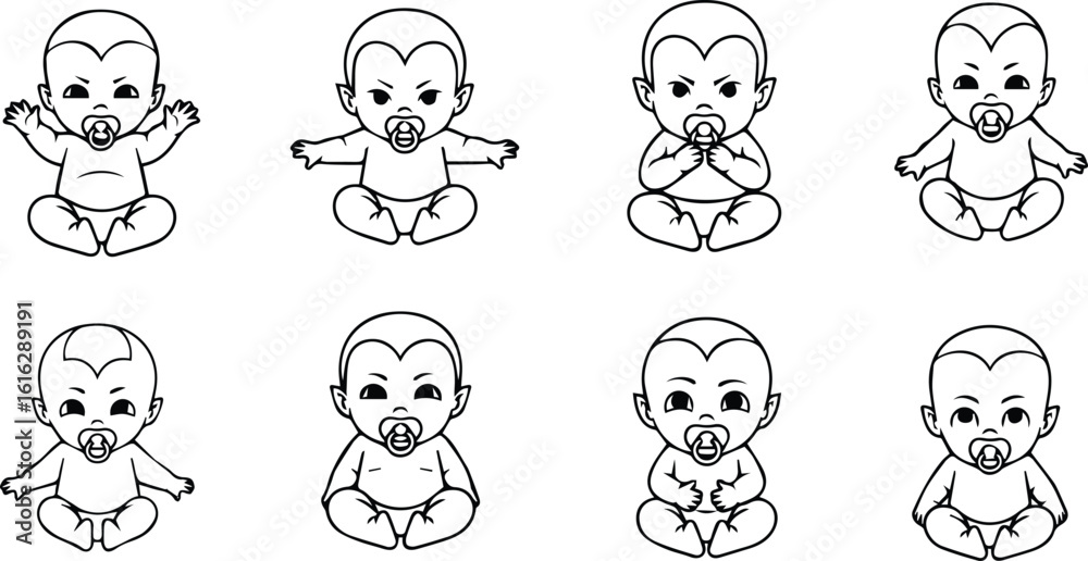a set of line drawings of babies with pacifiers in various poses and expressions, isolated on white background a set of line drawings of babies with pacifiers in various poses and expressions, isolated on white background