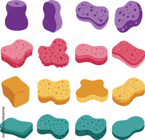 Colorful vector illustration set of various bath sponges and scrubbers, including loofahs and body puffs. Ideal for hygiene, spa, beauty, and bathroom-themed design projects.