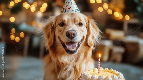 Golden Retriever Celebrates Birthday With Cake and Festive Decorations