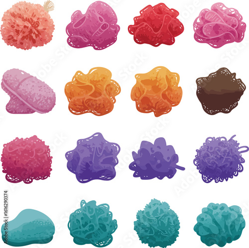 Colorful vector illustration set of various bath sponges and scrubbers, including loofahs and body puffs. Ideal for hygiene, spa, beauty, and bathroom-themed design projects.