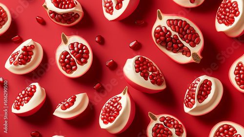 Pomegranate fruit clay icon pattern crimson background seamless seeds exposed