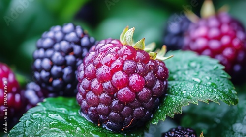 Fresh Blackberries and Raspberries Glistening After Rain on Green Leaves in a...