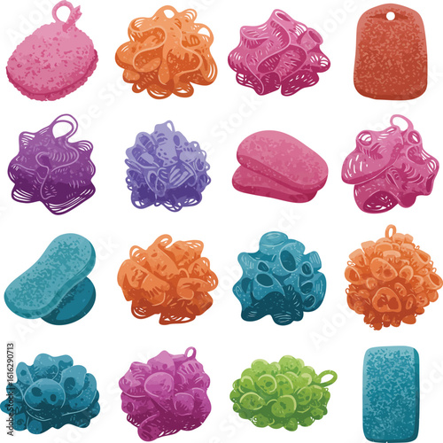 Colorful vector illustration set of various bath sponges and scrubbers, including loofahs and body puffs. Ideal for hygiene, spa, beauty, and bathroom-themed design projects.