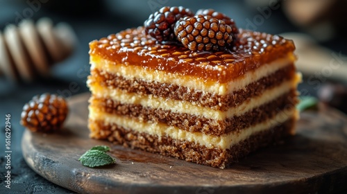 Indulgent Dessert Slice Featuring Layers of Sponge, Cream, and Honey Topping ...