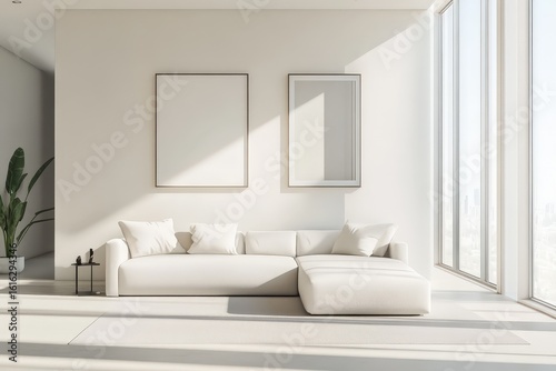 A bright  airy living room with an L-shaped white sofa  minimalist furniture  indoor plant  large windows  and two simple framed art pieces against off-white walls