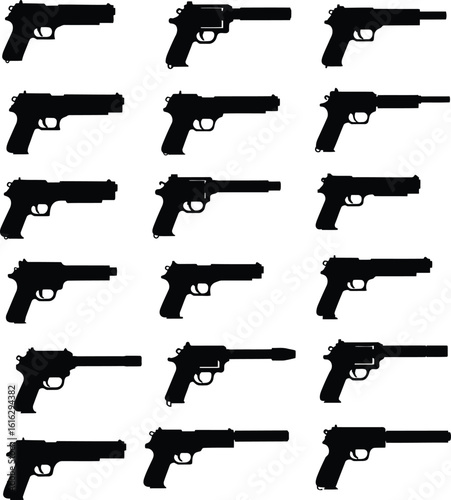 Vector silhouette collection of various handguns and pistols, including revolvers and semi-automatics, some with silencers. Ideal for military, tactical, gaming, and security-themed design projects.