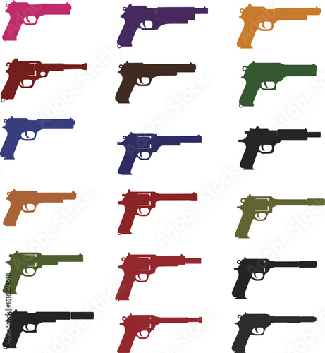 Colorful vector illustration set of various handguns and pistols, including revolvers and semi-automatics. Ideal for military, tactical, gaming, and security-themed design projects.