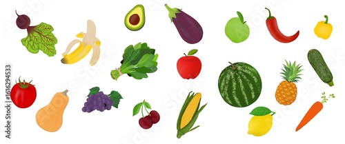 Illustration icon set of hand drawn fruits and vegetables such as banana, pepper, pineapple.