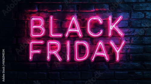 Neon Black Friday Sign Illuminated Against a Textured Brick Wall at Night.