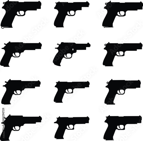 Vector silhouette collection of various handguns and pistols, including revolvers and semi-automatics, some with silencers. Ideal for military, tactical, gaming, and security-themed design projects.
