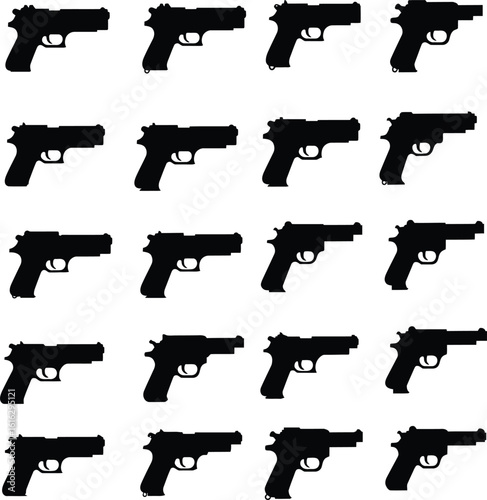 Vector silhouette collection of various handguns and pistols, including revolvers and semi-automatics, some with silencers. Ideal for military, tactical, gaming, and security-themed design projects.