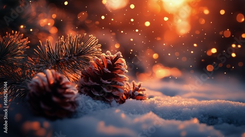 Winter Pine Cones Glisten in the Snow With Warm Bokeh Lights During Sunset