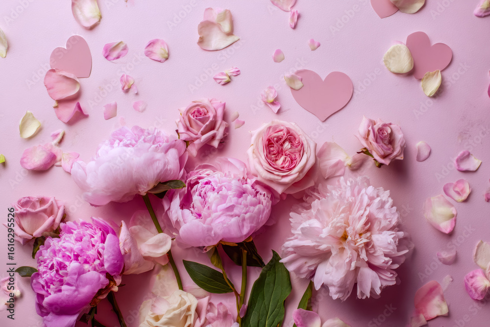 Fototapeta premium Elegant pastel pink floral arrangement with rose petals and paper hearts for romantic celebration