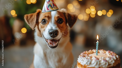 Happy Dog Celebrating Birthday With Cake and Candle in a Cozy Indoor Setting