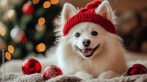 Happy Dog Wearing a Red Hat Sits Near Christmas Decorations and Smiling Cheer...