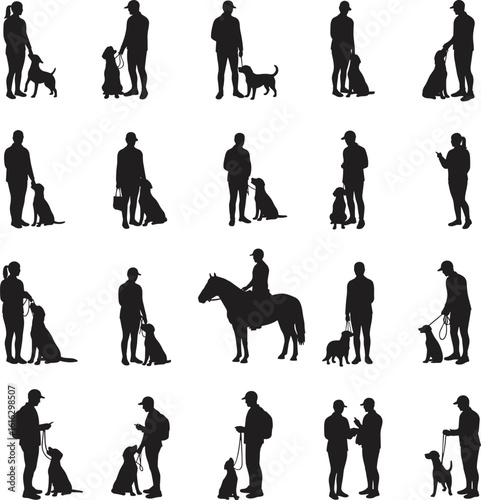 A vector silhouette collection of people training dogs, with owners, handlers, and a horse rider interacting with their animal companions.