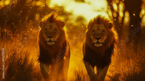 Majestic pair of lions walking through sunlit grassland at sunset