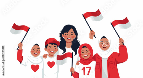 Diverse Indonesian children and adults joyfully waving Indonesian flags, celebrating a national event.