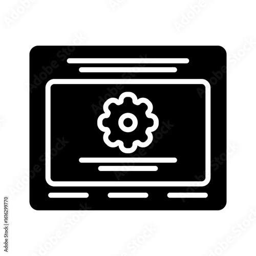 Gear in browser window icon. Filled style.