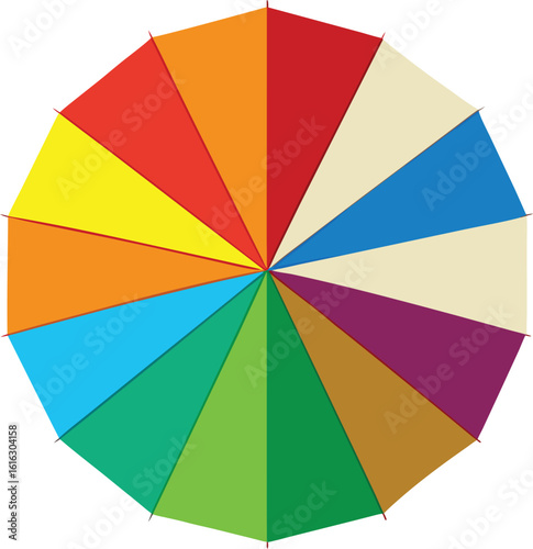 Vibrant rainbow colored umbrella top view, a geometric spectrum wheel illustration.