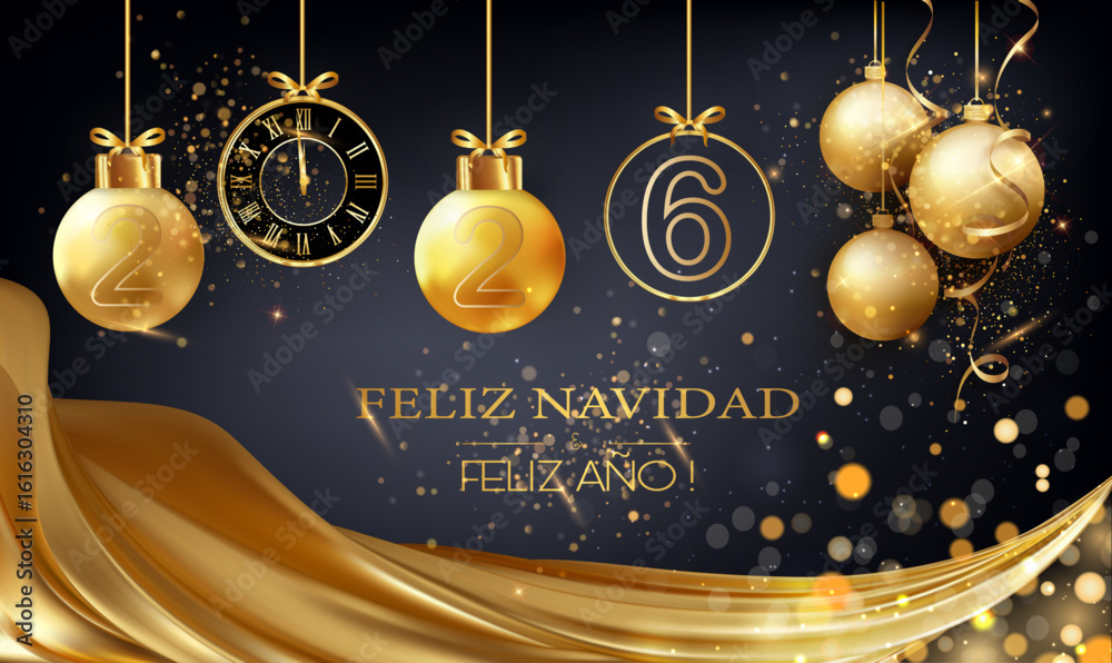 Tarjeta o pancarta para celebrar una Feliz Navidad y un Próspero Año Nuevo 2026 en dorado sobre fondo negro con cortinas, bolas navideñas, purpurina, círculos bokeh y un reloj dorado.