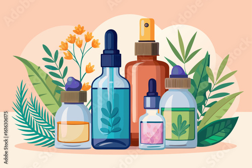 vector of Facial moisturizer, serum, essential in glass bottles and smooth skin, for light skin and...