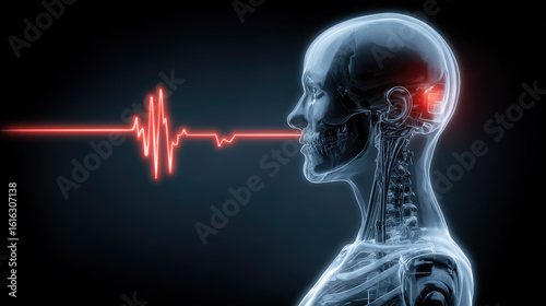 A person with transparent anatomy, showcasing multiple organ systems and sound waves simulation technology. Promote hearing health.