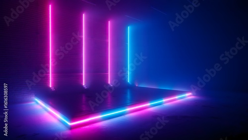 Futuristic Empty Stage with Pink and Blue Neon Lights in a Dark Corner with Brick Walls. 