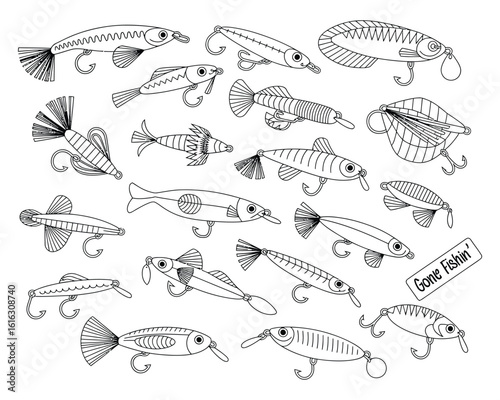 Black and white line art illustration of scattered fishing lures and baits. Diverse angling tools on white background, ideal for outdoor recreation and hobby designs.