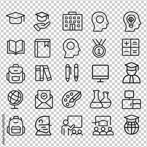 Set of School and Education Icons Featuring Graduation Cap, Books, and Learning Tools