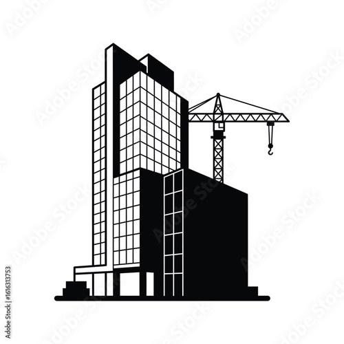 Black and white illustration of a highrise building under construction with a crane