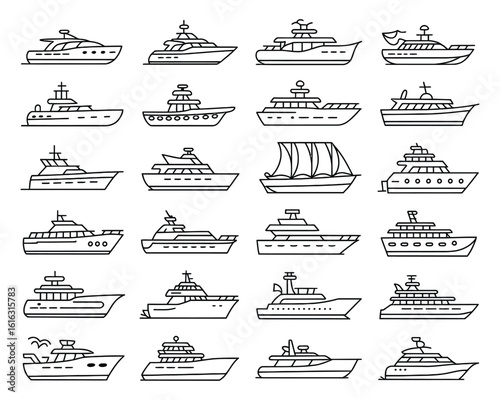 A large collection of various boat and ship line art icons. Set of twenty-five different maritime vessel illustrations for design.