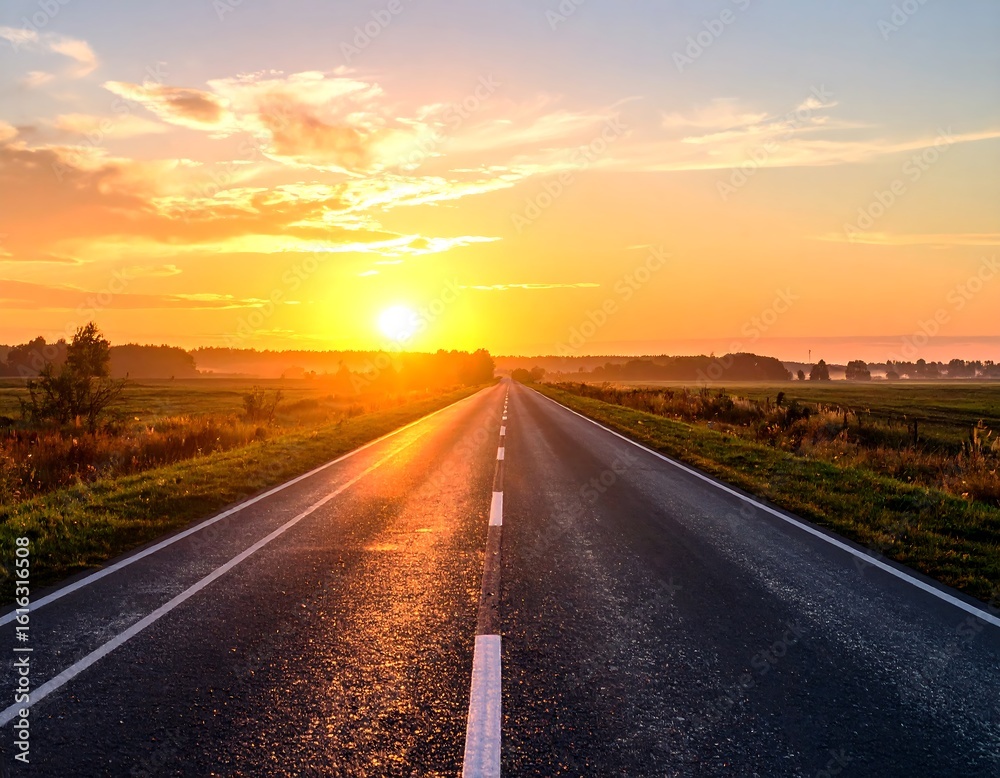 Naklejka premium A paved road stretches into a golden sunset over a field